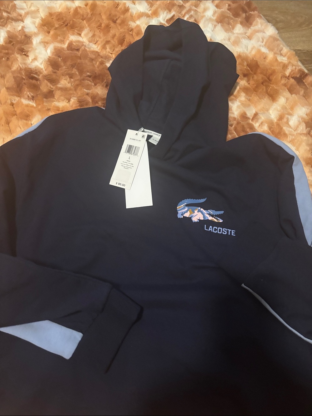 Lacoste Navy Hoodie with Light Blue Accents and Crocodile Graphic